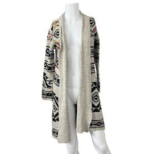 On Blue Long Open Front Cardigan Sweater Aztec Colorful Womens Size Small